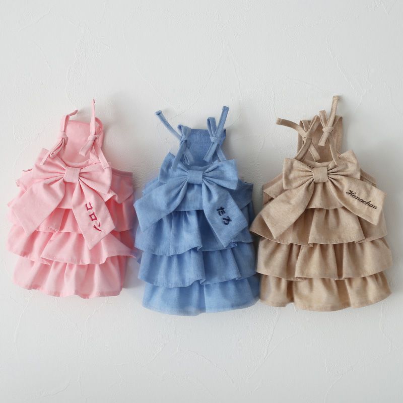 ハンドメイド　肩リボンバルーンキャミ　ダンガリー×花柄　犬服 ハンドメイド 肩リボンバルーンキャミ ダンガリー×花柄 犬服