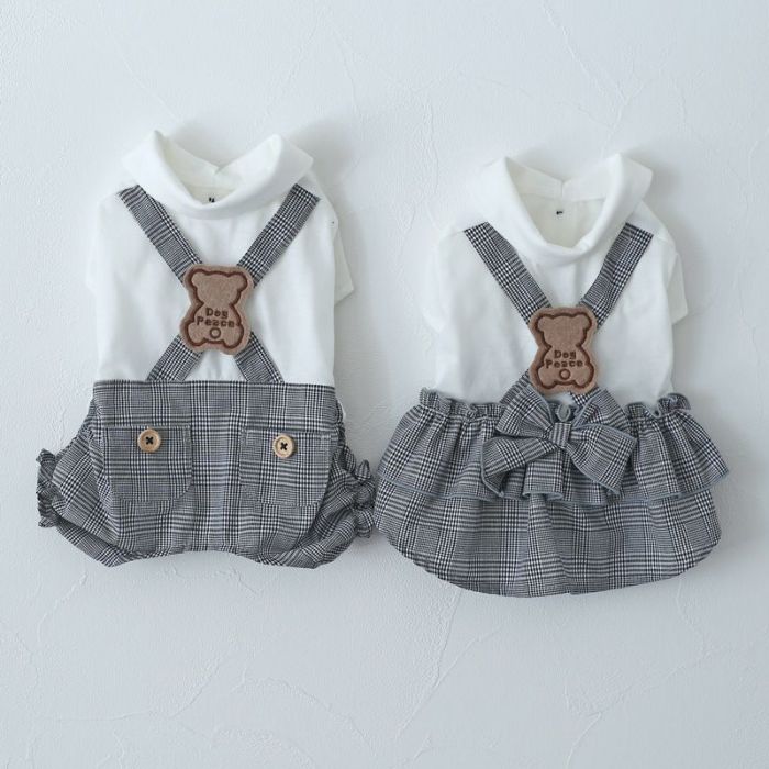 くま様ベージュ1サロペット BABY】クマ柄コーデュロイサロペットロンパース＆ボーダーシャツ